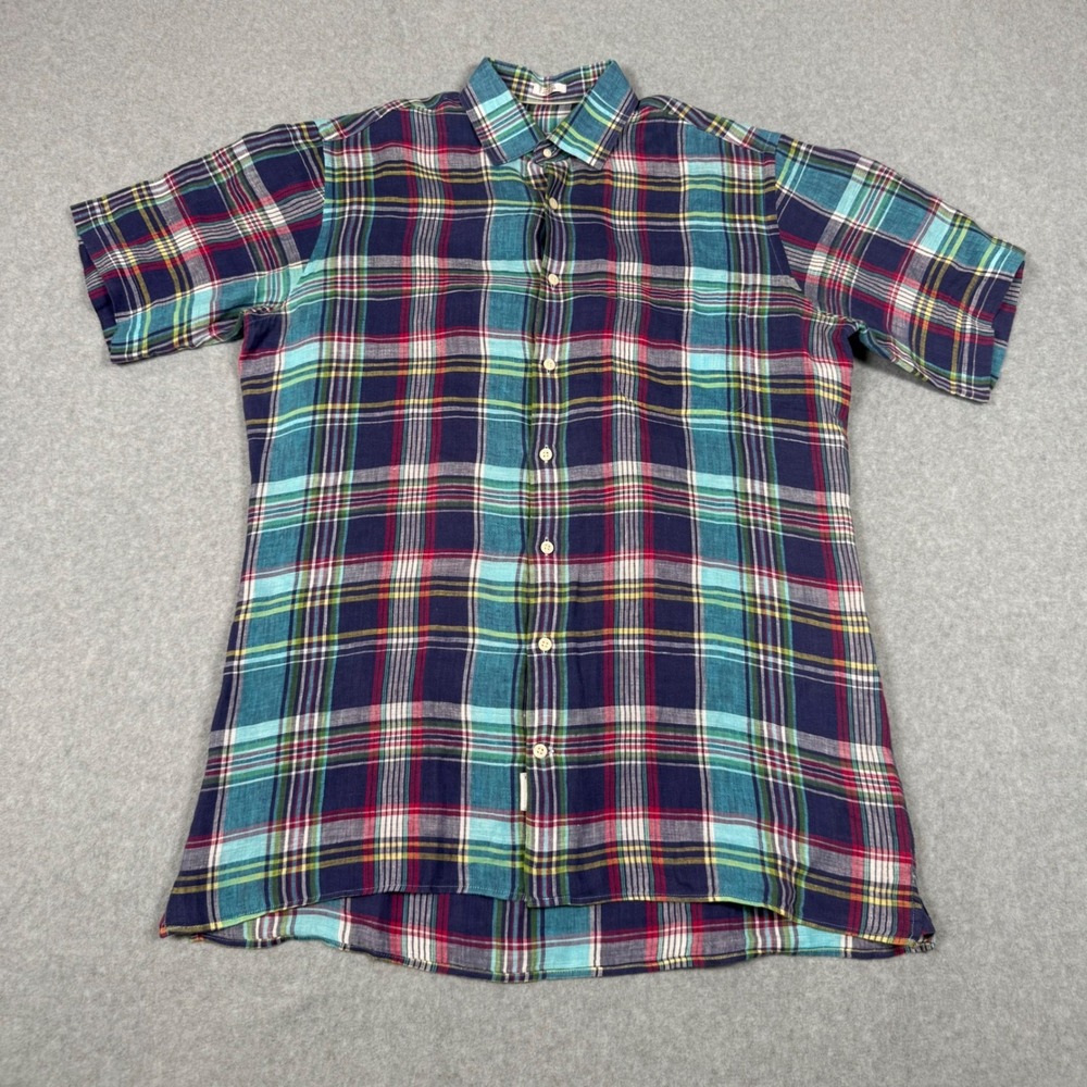 Peter Millar Preppy Mens Medium Linen Short Sleeve Button Down Plaid Shirt Golf